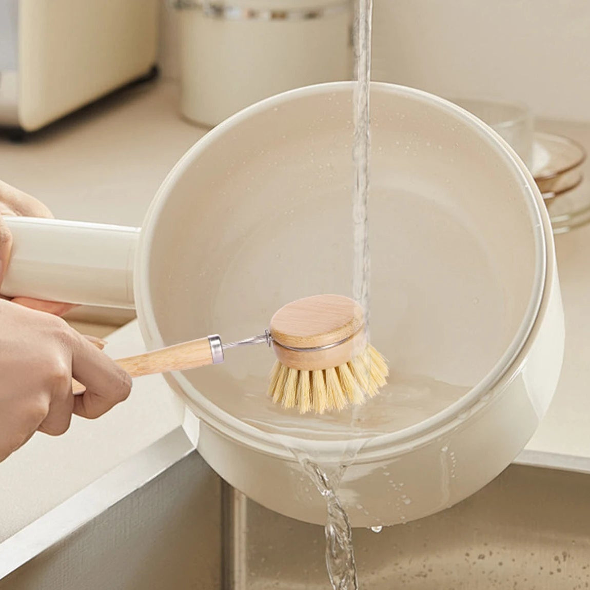 Set de Brosses à Vaisselle, Goupillon et Repose Savon en Bois