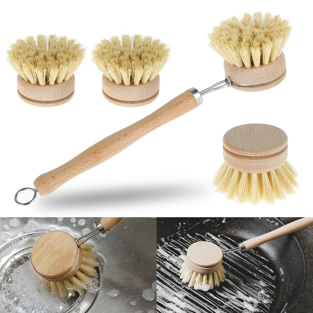 Brosse à Vaisselle en Bois et Fibres Végétales - Bâtons et Brosses Rechargeables