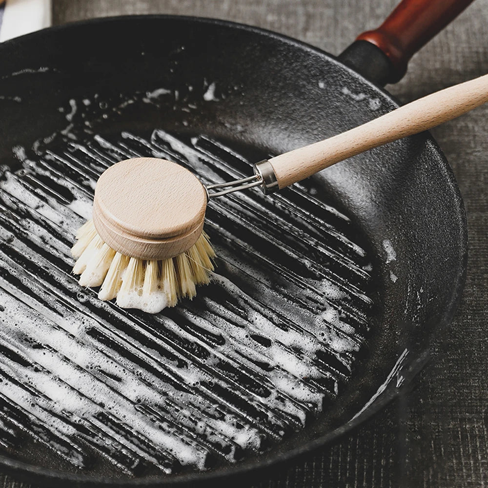 Brosse à Vaisselle en Bois et Fibres Végétales - Bâtons et Brosses Rechargeables