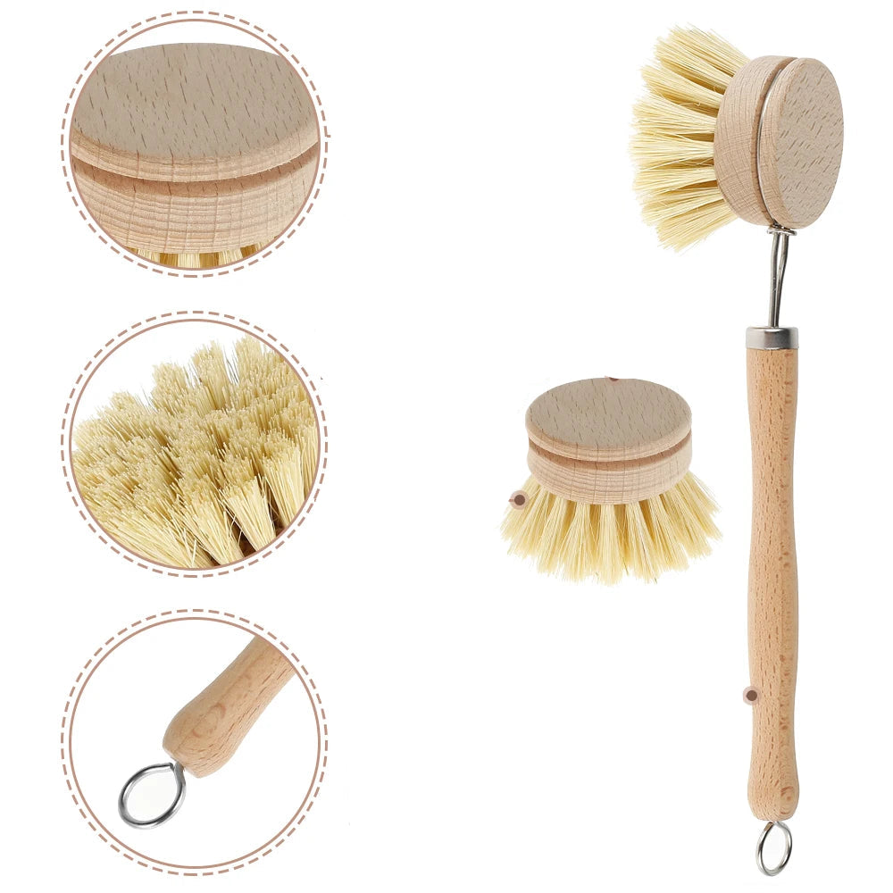 Brosse à Vaisselle en Bois et Fibres Végétales - Bâtons et Brosses Rechargeables
